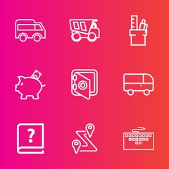 Premium set with outline vector icons. Such as map, work, transportation, location, car, arrow, heavy, navigation, vehicle, money, bus, pen, desk, investment, dump, finance, direction, truck, computer