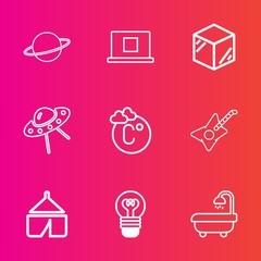 Premium set with outline vector icons. Such as product, orbit, nature, technology, package, tent, electricity, galaxy, guitar, astronomy, template, bulb, interior, profile, user, lightbulb, travel