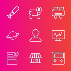 Premium set with outline vector icons. Such as business, war, medical, real, space, medicine, house, weapon, destruction, profile, home, attack, furniture, planet, document, modern, explosion, nuclear