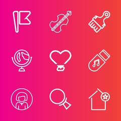 Premium set with outline vector icons. Such as search, usa, violoncello, lady, storage, string, love, , earth, girl, classical, instrument, find, musical, sound, geography, globe, heart, flag, country