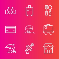 Premium set with outline vector icons. Such as fun, tourist, technology, food, nature, decoration, kitchen, festival, business, animal, baggage, global, wildlife, celebration, suitcase, construction