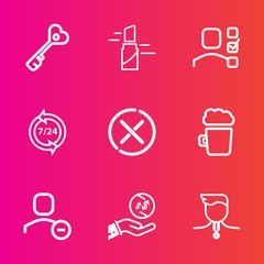 Premium set with outline vector icons. Such as plan, dollar, bar, delete, business, support, medal, task, competition, house, key, pub, lipstick, sign, office, beauty, unlock, operator, investment, no