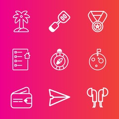 Premium set with outline vector icons. Such as prize, success, coconut, leaf, win, internet, tropical, music, planet, flag, reward, north, message, award, space, web, cash, east, spatula, wallet, palm
