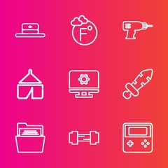 Premium set with outline vector icons. Such as temperature, tent, office, folder, computer, workout, celsius, thermometer, fitness, scale, nature, fahrenheit, camp, machine, paper, blank, sword, style