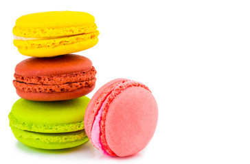 Sweet and colourful french macaroons or macaron on white background, Dessert