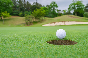 Golf ball on the beautiful green of the turf. Golf course with a rich green turf beautiful scenery.