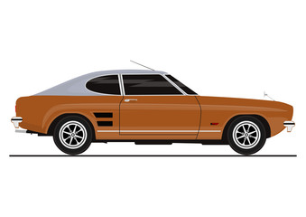 Sticker with side view of retro coupe car. Flat vector.
