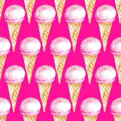Seamless ice-cream pattern. Watercolor hand drawn summer beach print in unusual colors with ice lolly , Ice cream in a waffle cup. Childish baby background. Food print. Fabric, paper, cover, web