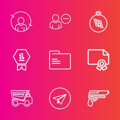 Premium set with outline vector icons. Such as man, firearm, quality, gun, certificate, sign, message, person, north, first, dumper, winner, communication, truck, frame, handgun, email, pistol, delete