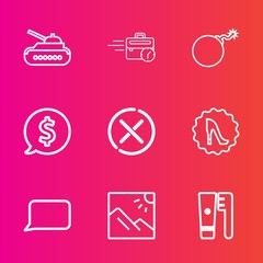 Premium set with outline vector icons. Such as bubble, armor, care, gun, work, technology, armored, internet, computer, falling, photography, bomb, panzer, fashion, scenery, speech, no, stop, war, tag