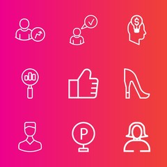 Premium set with outline vector icons. Such as search, management, concept, web, female, diagram, sign, technology, urban, complete, vehicle, idea, high, young, human, girl, heel, internet, lady, lot