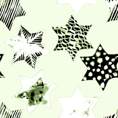 Seamless Watercolor Stars Pattern. Magic Festive Background. Hand Drawn Doodle Stars. Baby Design. Abstract Rapport for Wallpaper, Textile, Linen, Wrapping, Posters, Cards, Banner. New Year, Birthday 