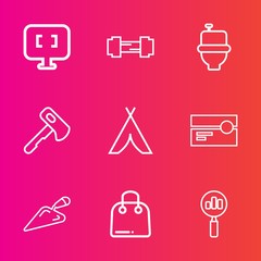 Premium set with outline vector icons. Such as shovel, fashion, computer, axe, screwdriver, music, buy, magnifying, hammer, search, sale, activity, tent, gym, travel, pc, tape, internet, adventure, wc