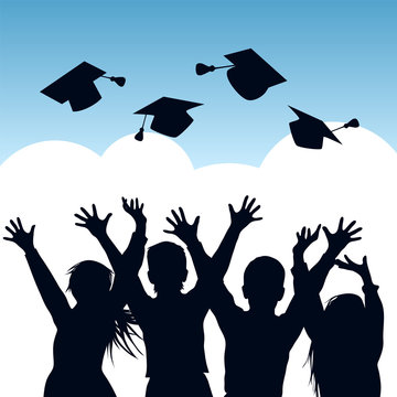 Happy students throwing graduation caps in the air. Silhouettes of graduates. Vector illustration