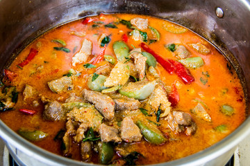red curry in pan , Thai food