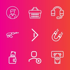 Premium set with outline vector icons. Such as right, web, market, casual, headset, pole, army, support, fashion, basket, magnetic, shop, young, field, microphone, weapon, bank, finance, account, gun
