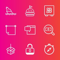 Premium set with outline vector icons. Such as security, sandwich, note, fresh, web, open, meat, liquid, office, lunch, tomato, message, health, drink, bank, paper, bread, upload, direction, unlock