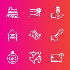 Premium set with outline vector icons. Such as shipping, marine, travel, boat, north, plane, airplane, ocean, gardening, vessel, finance, store, compass, nautical, key, customer, life, business, coin