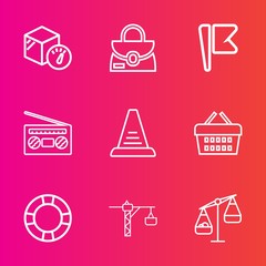 Premium set with outline vector icons. Such as sound, nation, record, style, hammer, balance, concept, up, package, bag, national, pool, store, background, market, ring, audio, container, basket, shop