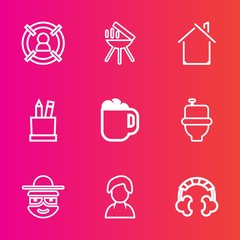 Premium set with outline vector icons. Such as management, grill, cartoon, sound, bathroom, female, cup, profile, business, wc, equipment, architecture, pencil, estate, internet, marketing, box, mug