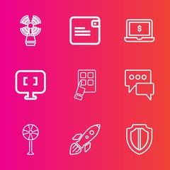 Premium set with outline vector icons. Such as marine, building, launch, mobile, shield, navigation, pc, air, space, security, message, sea, money, notebook, computer, bubble, device, ventilator, fan