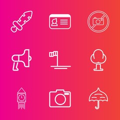 Premium set with outline vector icons. Such as forbidden, steel, tower, ben, loud, loudspeaker, nature, blue, battle, ancient, white, baja, war, umbrella, camera, identity, lens, name, london, photo