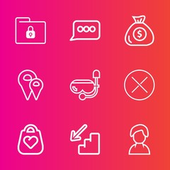 Premium set with outline vector icons. Such as water, file, sign, snorkel, sea, pin, communication, finance, bubble, safety, style, fashion, leather, travel, down, downstairs, dialog, location, close