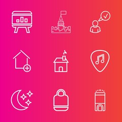 Premium set with outline vector icons. Such as new, object, white, fairytale, leather, profile, graph, infographic, star, technology, house, travel, music, fantasy, architecture, style, moon, bag, web