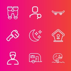 Premium set with outline vector icons. Such as seafood, wooden, view, vehicle, hammer, board, extreme, equipment, male, bird, travel, zoom, construction, sky, tool, technology, birdhouse, boy, sea