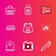 Premium set with outline vector icons. Such as vehicle, cartoon, retail, hand, alien, airport, shop, buy, transportation, bike, office, technology, write, transport, suitcase, pencil, business, travel