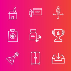 Premium set with outline vector icons. Such as house, first, retail, new, window, road, medical, achievement, musical, music, furniture, internet, cupboard, map, travel, interior, home, string, sale