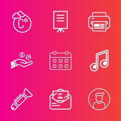 Premium set with outline vector icons. Such as degree, calendar, meeting, timetable, trumpet, thermometer, envelope, businessman, seminar, sign, internet, scale, meteorology, music, musical, weather