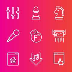 Premium set with outline vector icons. Such as real, concert, piece, website, music, speech, download, success, property, internet, click, letter, studio, scale, chess, game, estate, post, mail, voice
