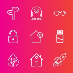 Premium set with outline vector icons. Such as security, direction, real, arrow, road, tree, eye, launch, glasses, usb, shuttle, eyeglasses, cartoon, choice, property, computer, way, plug, optical