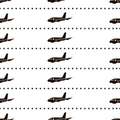 Seamless pattern with black airplanes and circles on the white background.