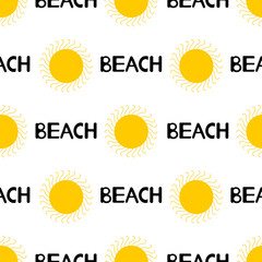 Seamless pattern from the yellow sun and black word beach. Colorful background.