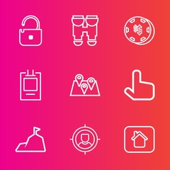 Premium set with outline vector icons. Such as risk, travel, key, home, landscape, building, estate, web, map, safety, location, gambling, technology, badge, leisure, instrument, house, business, zoom