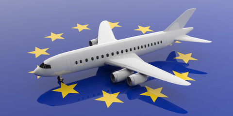 Airplane on EU flag background, view from above. 3d illustration