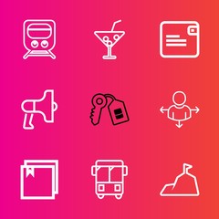 Premium set with outline vector icons. Such as speaker, locomotive, security, drink, nature, railroad, juice, transport, dollar, train, landscape, rail, bus, announcement, purse, sky, web, money, cold