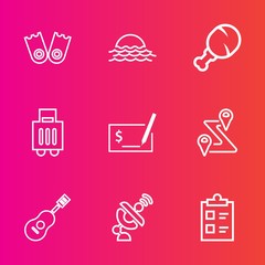 Premium set with outline vector icons. Such as vacation, nature, check, snack, object, luggage, equipment, concert, sky, sea, road, communication, pay, fast, checklist, sun, musical, technology, route