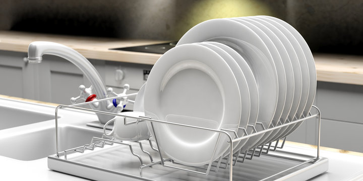 Dish drying rack with white plates on a white kitchen counter. 3d illustration