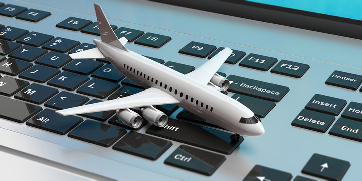 Airplane on a computer keyboard. 3d illustration