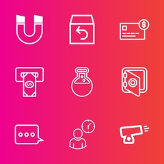 Premium set with outline vector icons. Such as pole, gun, machine, medicine, time, safe, return, credit, message, balance, education, field, money, weapon, tool, safety, military, equipment, magnet