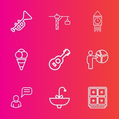 Premium set with outline vector icons. Such as jazz, instrument, sound, music, sink, trumpet, tap, safe, finance, construction, big, london, equipment, drill, food, water, guitar, tower, faucet, cream