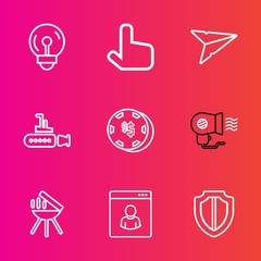 Premium set with outline vector icons. Such as web, energy, light, bulb, male, meat, game, protect, pointer, white, cursor, shield, innovation, sign, press, boat, internet, idea, luck, mail, electric