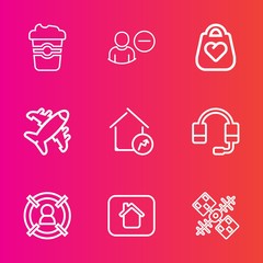 Premium set with outline vector icons. Such as flight, technology, drink, cappuccino, communication, plane, web, target, fashion, user, property, space, caffeine, style, house, coffee, estate, concept