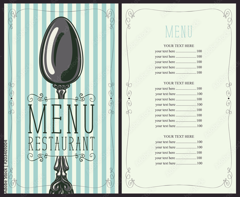 Poster vector template menu for restaurant with price list and realistic spoon in figured frame with curls 