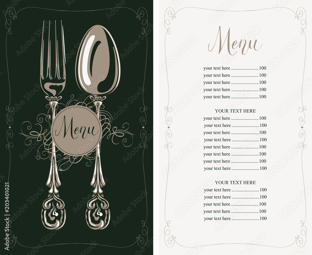 Poster vector template menu for restaurant with price list, handwritten inscriptions, realistic fork and sp