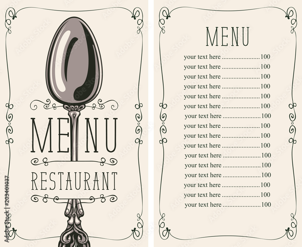 Poster vector template menu for restaurant with price list and realistic spoon in figured frame with curls 