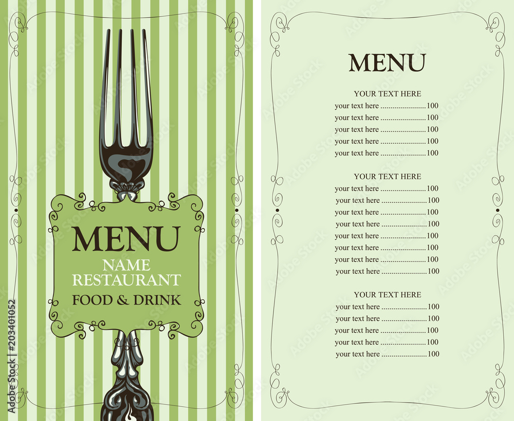 Poster vector template menu for restaurant with price list and realistic fork in figured frame with curls i